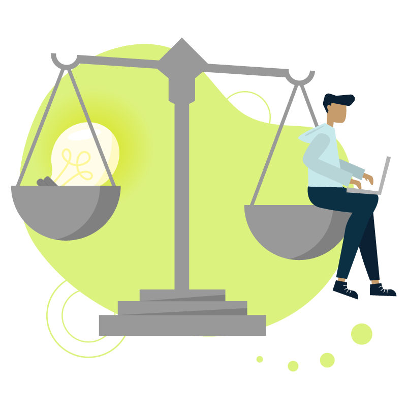 Icon of a person sitting on one half of the scales of justice typing on a laptop. A light bulb sits on the other half of the scales.