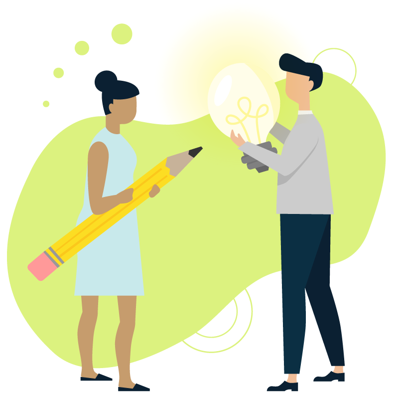 Icon of a woman holding a giant pencil, pointing it at a giant light bulb held by another person.