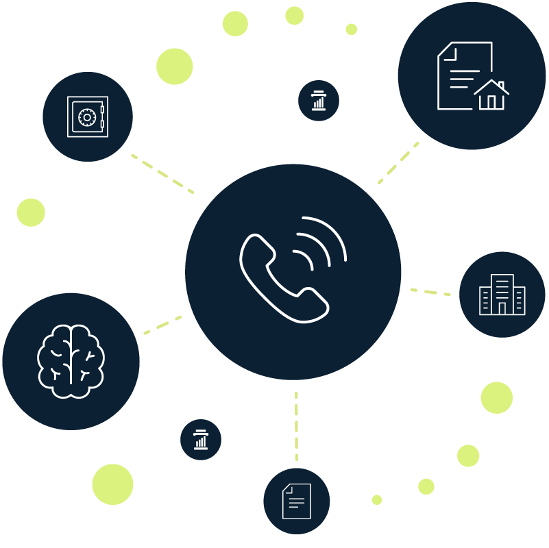 Central phone icon connected to icons for finance, law, real estate, government, brain, and buildings.