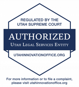 blue six-sided badge with the words, Regulated by the Utah Supreme Court, AUTHORIZED Utah Legal Services Entity, utahinnovationofice.org