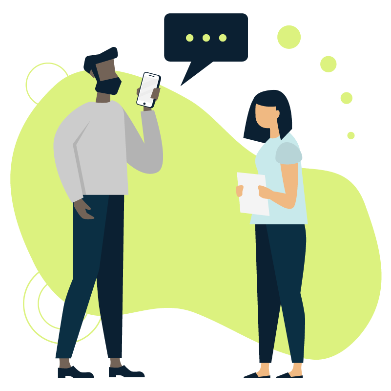 Two people standing and facing each other in front of a green blob. One person holds a phone with a chat bubble pointing at it. The other holds a piece of paper.