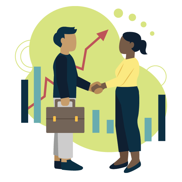 Two people shaking hands, one of them holding a briefcase, standing in front of a bar chart and upward trending arrow.