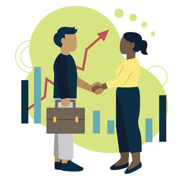 Two people shaking hands, one of them holding a briefcase, standing in front of a bar chart and upward trending arrow.