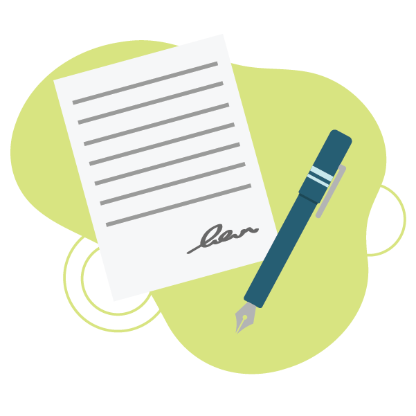 Piece of paper with a signature at the bottom and a fountain pen.