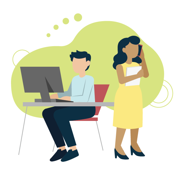 Person sitting in front of a computer next to another person on the phone.