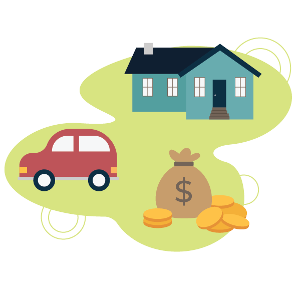 Blue-green house, red car, bag of money and pile of coins, all connected by a green blob.