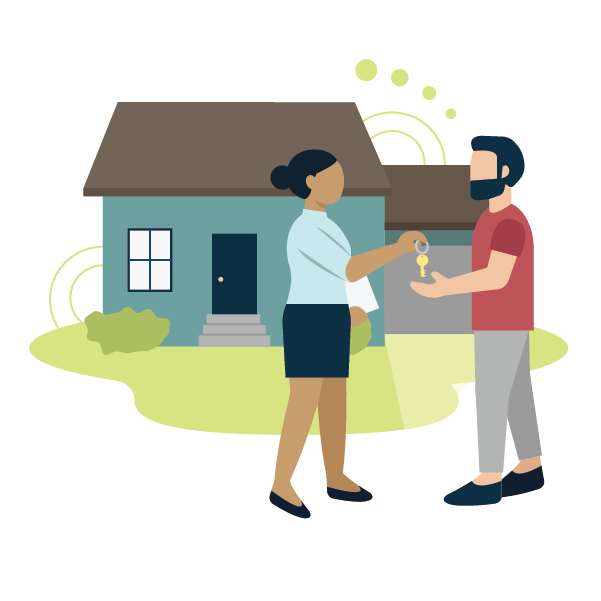 Blue-green house behind two people exchanging keys.