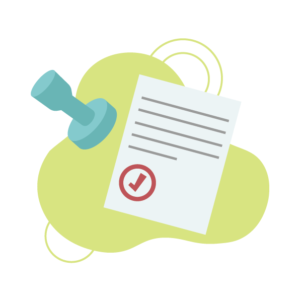 Piece of paper with a red check mark stamp.