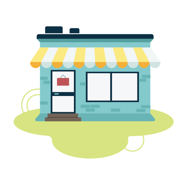 Blue storefront with white and yellow awning, and a red sign on the door.