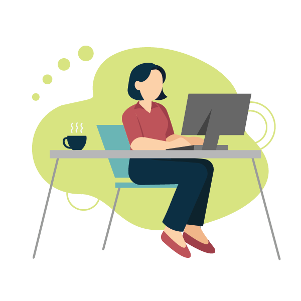Woman sitting in front of a desktop computer with a coffee mug next to her.