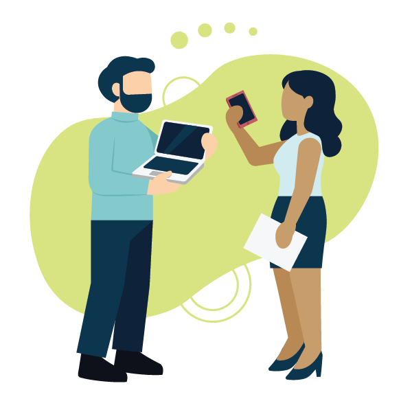 Graphic of a man holding a laptop and facing a woman holding a smartphone and piece of paper.