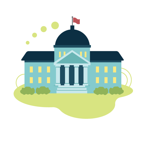 Blue government building with four pillars and a red flag.
