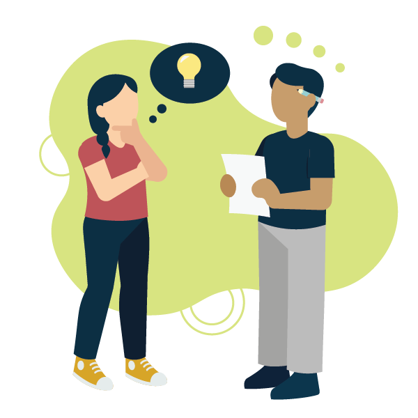 Graphic of a woman thinking with her chin in her hand, thinking a thought bubble that contains a lightbulb. A person stands across from her holding a piece of paper.