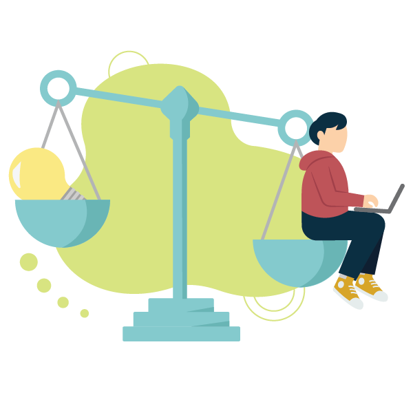 Icon of a person sitting on one half of the scales of justice typing on a laptop. A light bulb sits on the other half of the scales.