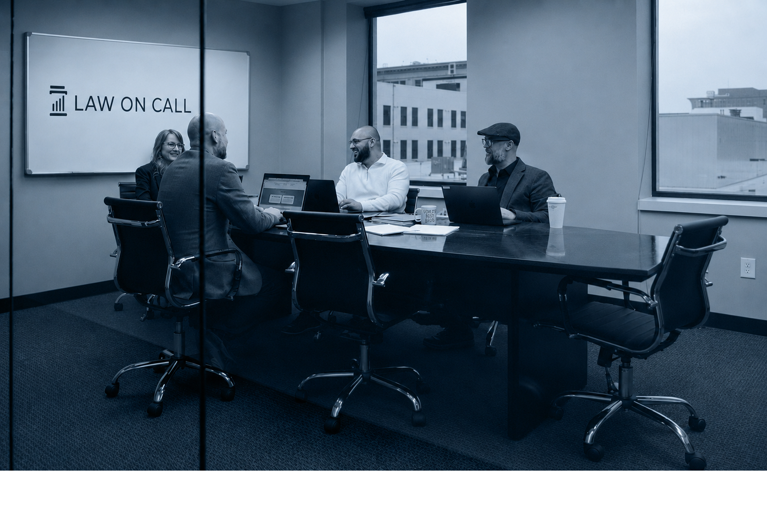 Four people sitting at a conference table in an office setting with "Law on Call" logo projected on a screen behind them.