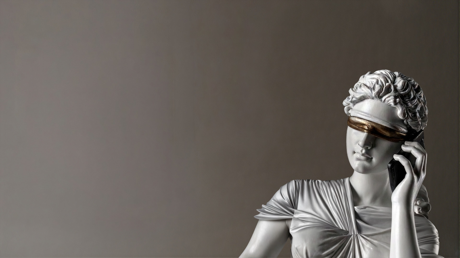 Blindfolded Lady Justice statue holding a smartphone to her ear against a beige background.